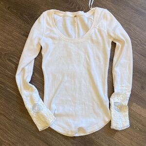 Free People White Lace Cuff Long Sleeve Top